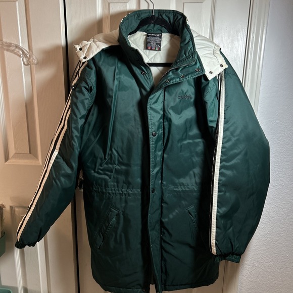 VTG 90s Adidas Long Puffer Jacket Mens M Green Fleece Hooded Trefoil Logo